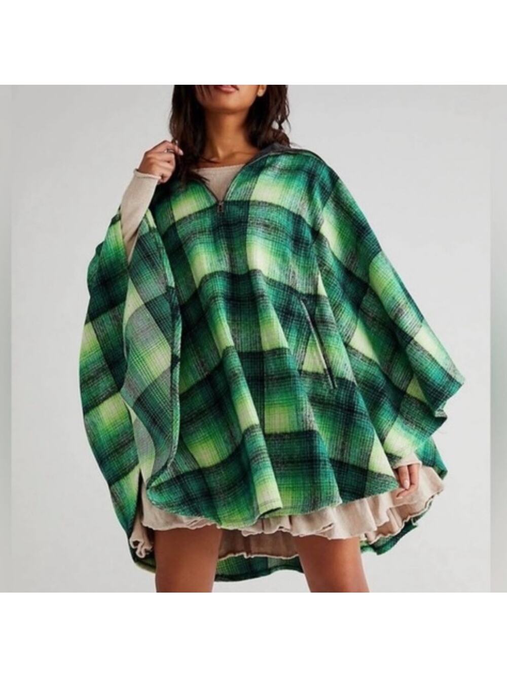 NEW Free People Woodstock green brushed plaid collared 3/4 zip poncho jacket
